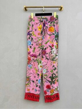 🚩steal Gucci Pink Floral Wide-Leg Drawstring Pants with Red Hem Lettering